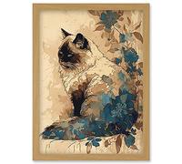 Artery8 Ragdoll Cat with Floral Patterns Watercolour Illustration Artwork Framed Wall Art Print A4