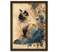 Artery8 Ragdoll Cat with Floral Patterns Watercolour Illustration Artwork Framed Wall Art Print A4