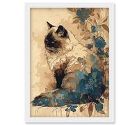 Artery8 Ragdoll Cat with Floral Patterns Watercolour Illustration Artwork Framed Wall Art Print A4 in White Artery8 White