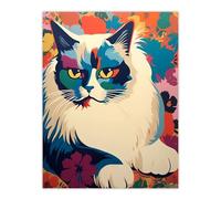 Artery8 Ragdoll Cat With Flowers Pet Portrait Teal Blue Purple Orange Floral Artwork Vibrant Bold Bright Colourful Painting Large Wall Art Poster Print Thick Paper 18X24 Inch