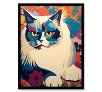 Artery8 Ragdoll Cat With Flowers Pet Portrait Teal Blue Purple Orange Floral Artwork Vibrant Bold Bright Colourful Painting Artwork Framed Wall Art Print A4