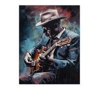 Wall Art Print Ragtime Blues Watercolour Artwork Musician Playing Acoustic Guitar Portrait Painting Poster Artery8 Blue W18 inch x H24 inch