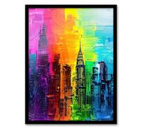 Rainbow City Skyline Oil Painting Skyscrapers Framed Art Print Artery8 Multi A4