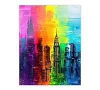 Rainbow City Skyline Oil Painting Skyscrapers Wall Art Print Artery8 Multi W24 inch x H32 inch