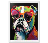 Rainbow Colour English Bulldog Puppy in Sunglasses Artwork Framed Wall Art Print A4 Artery8 White One Size