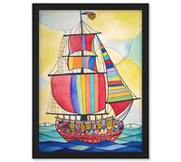 Artery8 Rainbow Colour Sailing Ship Folk Art Artwork Framed A3 Wall Art Print