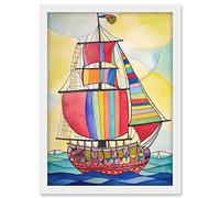 Artery8 Rainbow Colour Sailing Ship Folk Art Artwork Framed A3 Wall Art Print