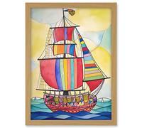 Artery8 Rainbow Colour Sailing Ship Folk Art Artwork Framed A3 Wall Art Print