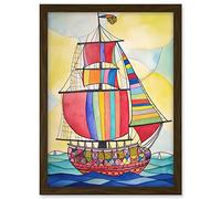 Artery8 Rainbow Colour Sailing Ship Folk Art Artwork Framed A3 Wall Art Print