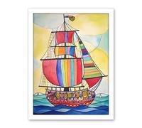 Artery8 Rainbow Colour Sailing Ship Folk Art Artwork Framed Wall Art Print 18X24 Inch