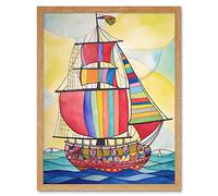 Artery8 Rainbow Colour Sailing Ship Folk Art Artwork Framed Wall Art Print 9X7 Inch