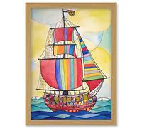 Artery8 Rainbow Colour Sailing Ship Folk Art Artwork Framed Wall Art Print A4