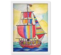 Artery8 Rainbow Colour Sailing Ship Folk Art Artwork Framed Wall Art Print A4 in White Artery8 White