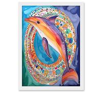 Artery8 Rainbow Dolphin And Pattern Hoop Folk Art Watercolour Painting Artwork Framed A3 Wall Art Print