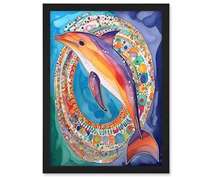 Artery8 Rainbow Dolphin And Pattern Hoop Folk Art Watercolour Painting Artwork Framed A3 Wall Art Print