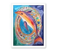 Artery8 Rainbow Dolphin And Pattern Hoop Folk Art Watercolour Painting Artwork Framed Wall Art Print 18X24 Inch