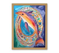 Artery8 Rainbow Dolphin And Pattern Hoop Folk Art Watercolour Painting Artwork Framed Wall Art Print 18X24 Inch