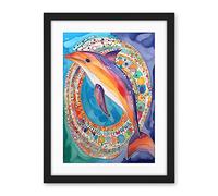 Artery8 Rainbow Dolphin And Pattern Hoop Folk Art Watercolour Painting Artwork Framed Wall Art Print 18X24 Inch