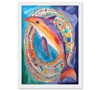 Artery8 Rainbow Dolphin & Pattern Hoop Folk Art Watercolour Painting Artwork Framed Wall Art Print A4 in White Artery8 White