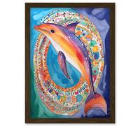 Artery8 Rainbow Dolphin & Pattern Hoop Folk Art Watercolour Painting Artwork Framed Wall Art Print A4 in Brown Artery8 Brown