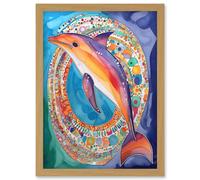 Artery8 Rainbow Dolphin & Pattern Hoop Folk Art Watercolour Painting Artwork Framed Wall Art Print A4 in Light Oak Artery8 Light Oak