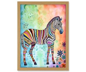 Artery8 Rainbow Floral Zebra Folk Art Artwork Framed A3 Wall Art Print