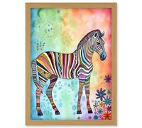 Rainbow Floral Zebra Folk Art Artwork Framed Wall Art Print A4 Artery8 Light Oak One Size