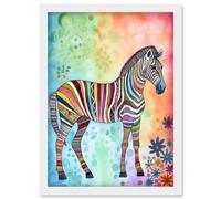 Rainbow Floral Zebra Folk Art Artwork Framed Wall Art Print A4 Artery8 White One Size