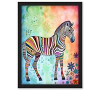 Artery8 Rainbow Floral Zebra Folk Art Wall Art Print - A4 Size