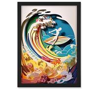 Artery8 Rainbow Kirigami Surfer Surfing Coastal Landscape Artwork Framed A3 Wall Art Print