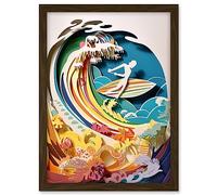 Artery8 Rainbow Kirigami Surfer Surfing Coastal Landscape Artwork Framed A3 Wall Art Print