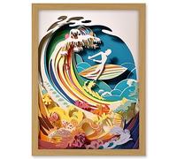 Artery8 Rainbow Kirigami Surfer Surfing Coastal Landscape Artwork Framed A3 Wall Art Print