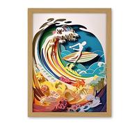 Artery8 Rainbow Kirigami Surfer Surfing Coastal Landscape Artwork Framed Wall Art Print 18X24 Inch