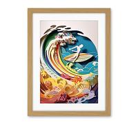 Artery8 Rainbow Kirigami Surfer Surfing Coastal Landscape Artwork Framed Wall Art Print 18X24 Inch