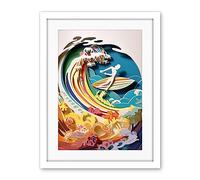 Artery8 Rainbow Kirigami Surfer Surfing Coastal Landscape Artwork Framed Wall Art Print 18X24 Inch