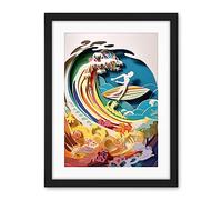 Artery8 Rainbow Kirigami Surfer Surfing Coastal Landscape Artwork Framed Wall Art Print 18X24 Inch