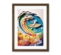 Artery8 Rainbow Kirigami Surfer Surfing Coastal Landscape Artwork Framed Wall Art Print 18X24 Inch