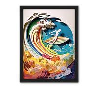 Artery8 Rainbow Kirigami Surfer Surfing Coastal Landscape Artwork Framed Wall Art Print 18X24 Inch