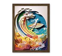 Artery8 Rainbow Kirigami Surfer Surfing Coastal Landscape Artwork Framed Wall Art Print 18X24 Inch