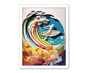 Artery8 Rainbow Kirigami Surfer Surfing Coastal Landscape Artwork Framed Wall Art Print 18X24 Inch