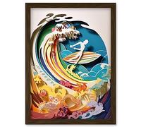 Artery8 Rainbow Kirigami Surfer Surfing Coastal Landscape Artwork Framed Wall Art Print A4