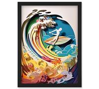 Artery8 Rainbow Kirigami Surfer Surfing Coastal Landscape Artwork Framed Wall Art Print A4