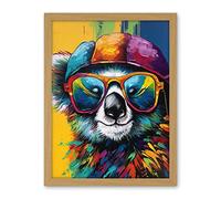 Artery8 Rainbow Koala Bear with Sunglasses and Hat Modern Artwork Framed Wall Art Print 18X24 Inch