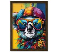 Artery8 Rainbow Koala Bear with Sunglasses and Hat Modern Artwork Framed Wall Art Print A4