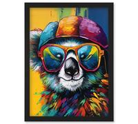 Artery8 Rainbow Koala Bear with Sunglasses and Hat Modern Artwork Framed Wall Art Print A4