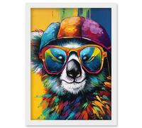 Artery8 Rainbow Koala Bear with Sunglasses and Hat Modern Artwork Framed Wall Art Print A4