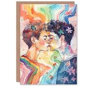 Artery8 Rainbow Love Pride Gay Couple Kiss Watercolour Blank For Him Or Her Art Birthday Card