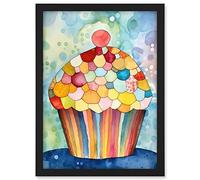 Artery8 Rainbow Pattern Cupcake Folk Art Watercolour Painting Artwork Framed A3 Wall Art Print