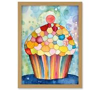 Artery8 Rainbow Pattern Cupcake Folk Art Watercolour Painting Artwork Framed A3 Wall Art Print