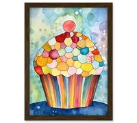 Artery8 Rainbow Pattern Cupcake Folk Art Watercolour Painting Artwork Framed A3 Wall Art Print